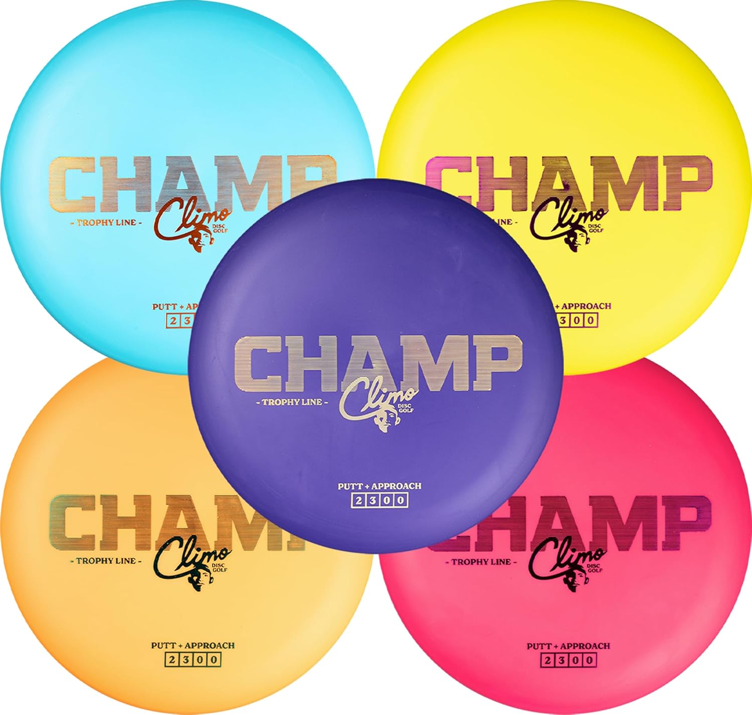 Climo Disc Golf Champ Putter 5-Pack - Trophy Line Plastic - Assorted Colors & Foils - 173+ Grams - Ken Climo 12X World Champion