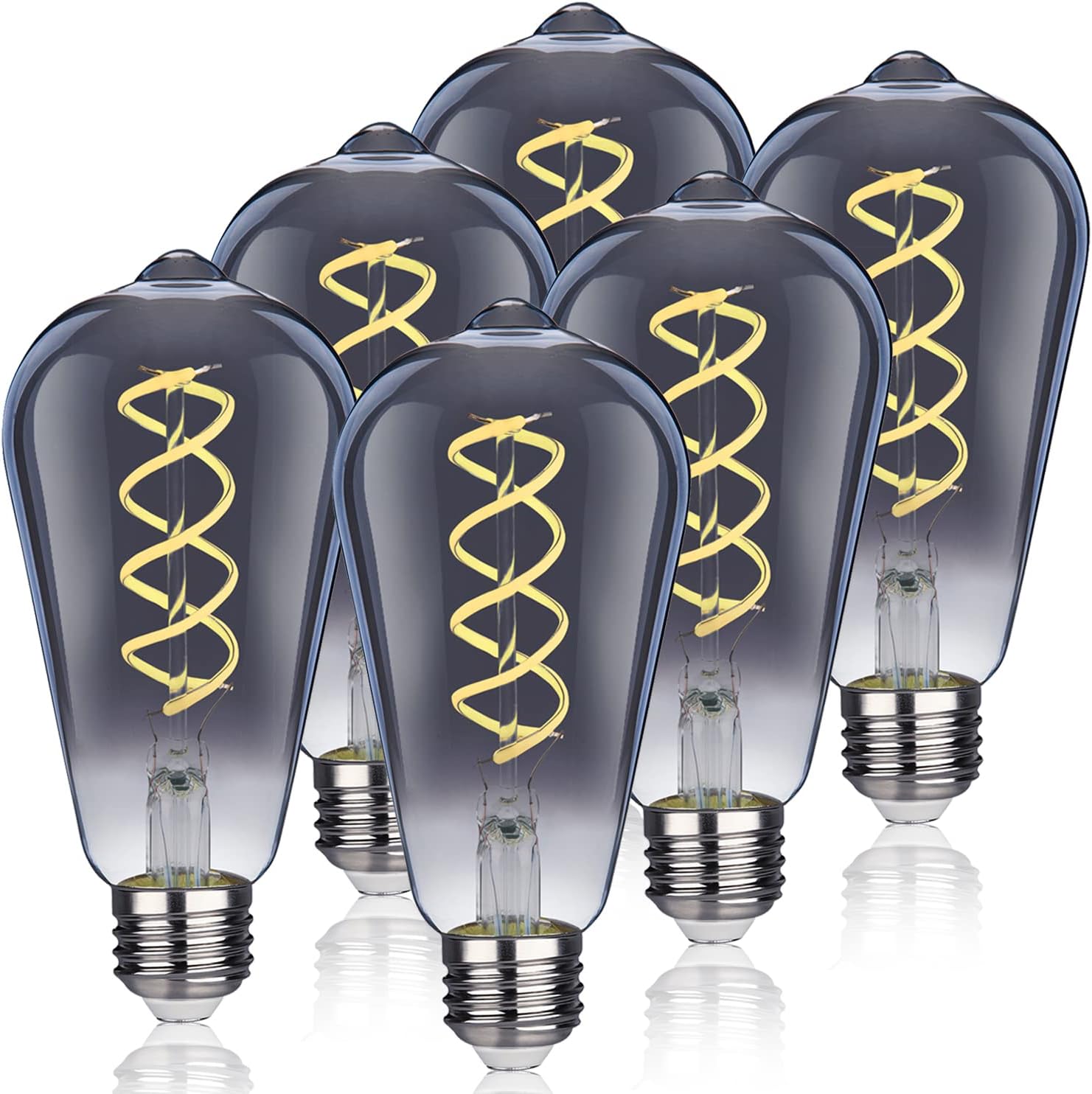 ST58(ST19) Smoky Grey Glass Vintage Edison Light Bulbs, 4.5W Equivalent to 40W, Daylight White 5000K, Antique Flexible Spiral LED Filament Light Bulb, E26 Medium Base, Dimmable, 6 Pack