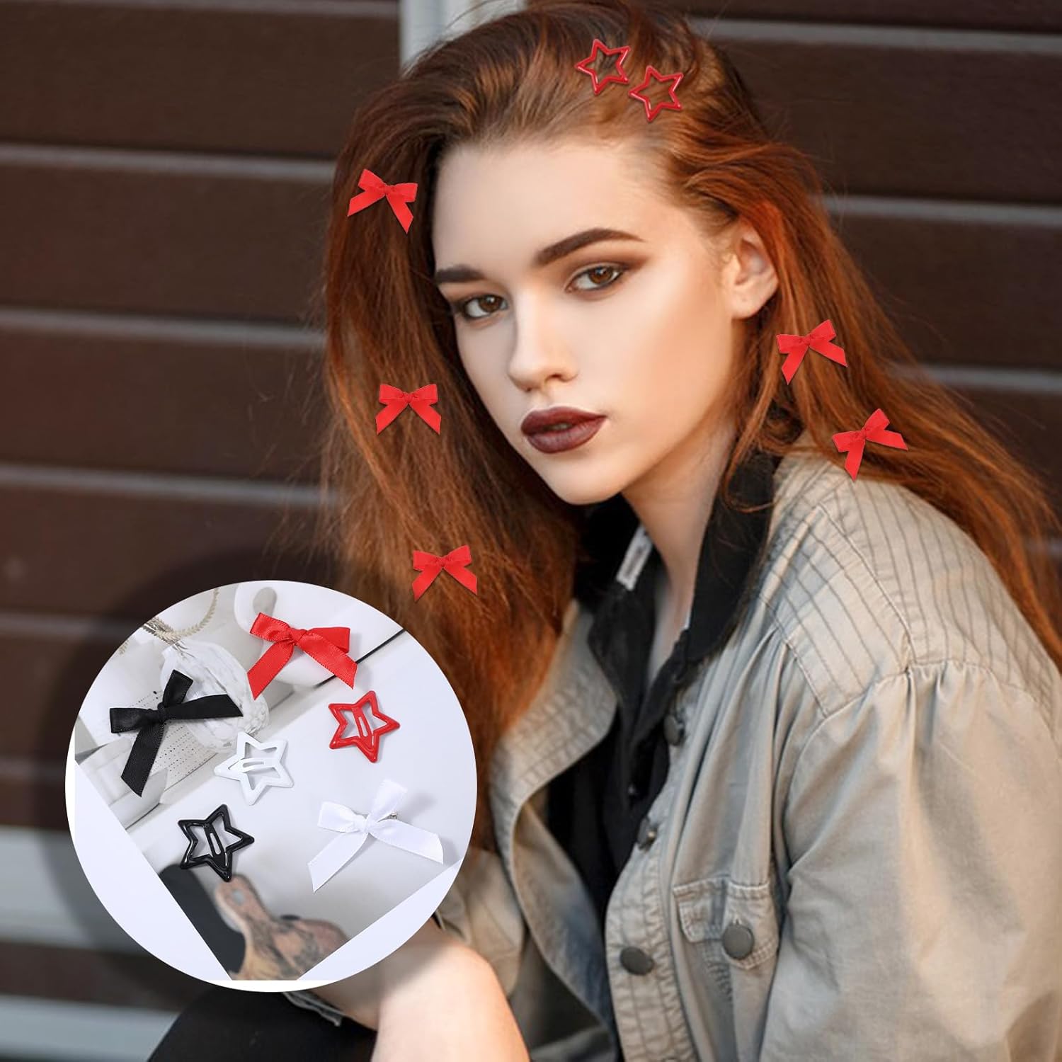 24PCS Hairbows and Star Hair Clips, 3 Colors Cute Mini Silky Satin Ribbon Hair Bows Clip, Y2k Stars Bow Hairs Barrettes Non-slip Metal Snap Hairs Accessoriesfor Women Girls(Red/Black/White) - Image 3