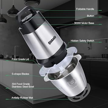 Qinkada Food Processor, 500W Meat Grinder, 14Cup Stainless Steel Bowl | Powerful with 3 Speed Modes 4 Bi-Level Blades for Onion, Meat, Nuts, Fruit, Garlic, Vegetable, Baby Food