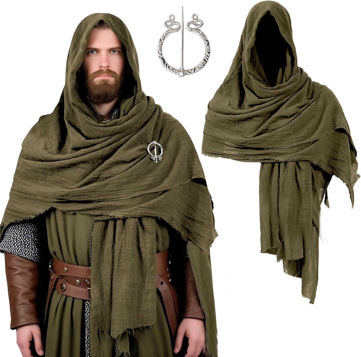 Dune Costume Post Apocalyptic Hooded Shawl Scarf Medieval Shaman Cowl Cloak Cape Viking Desert Outfit for Men Women - Image 3