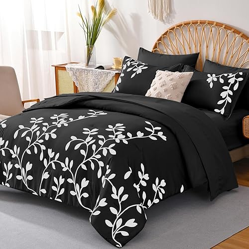 Juego de edredón tamaño Queen - Juego de 7 piezas con diseño floral botánico sobre negro, juegos de edredón Queen con sábanas y almohadas, juego de