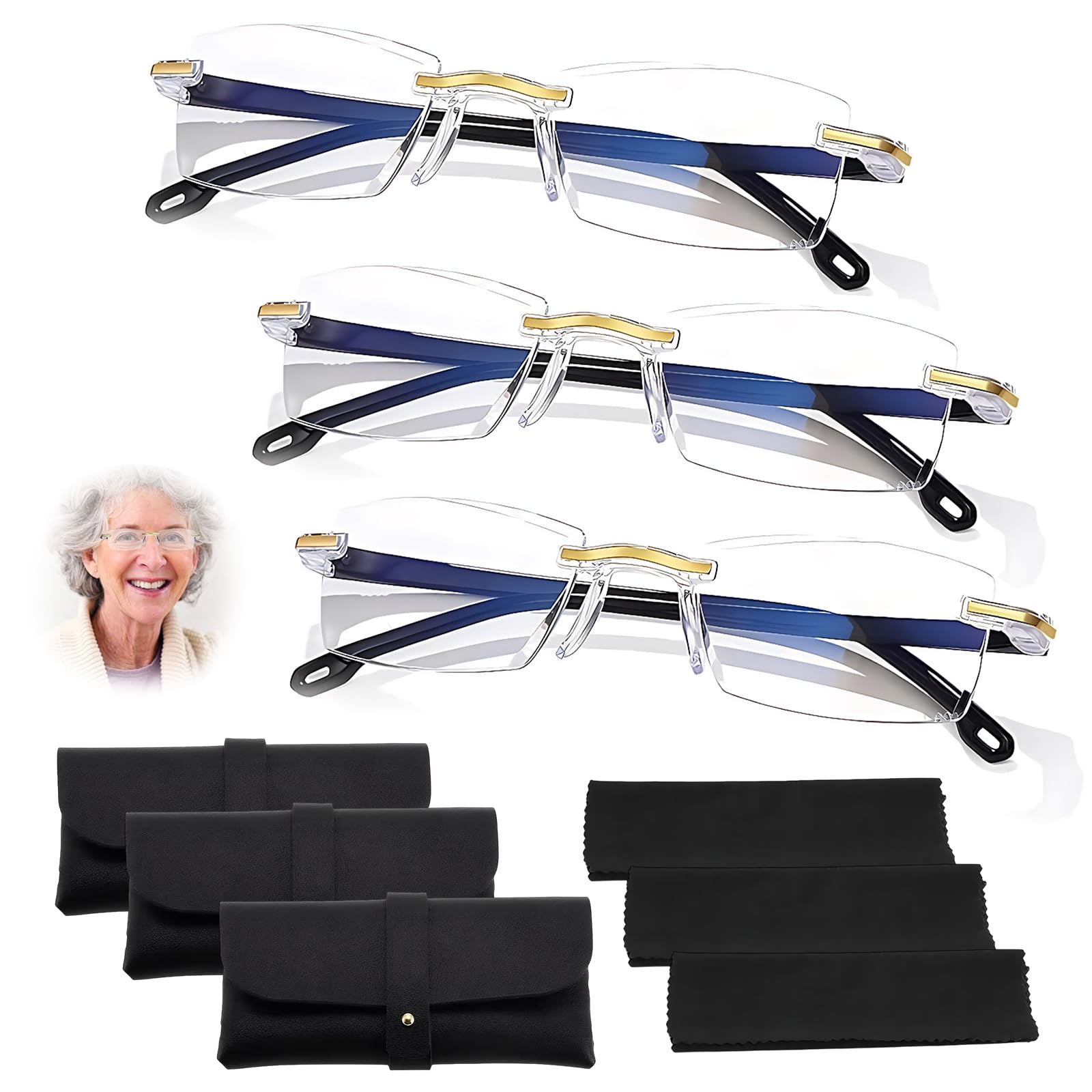 3 Pcs Gafas Autograduables Inteligentes,Gafas Inteligentes Autograduables,PresbiciaGafa de Lectura Gafa Con Zoom Automático Y Protección Contra La Luz Azul,Con 3 Paño Limpieza y 3 Estuche Para Gafa