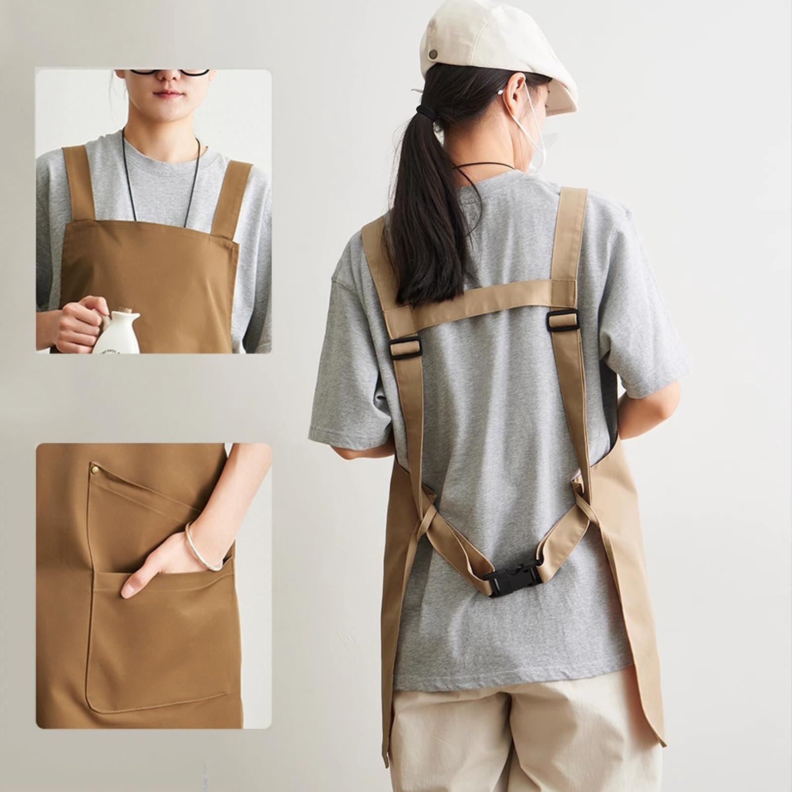 Ajustables Cocina Delantal con 4 Bolsillos para Hombres Y Mujeres, Trabajo Delantal para Camarero Restaurante CaféBeige,One Size
