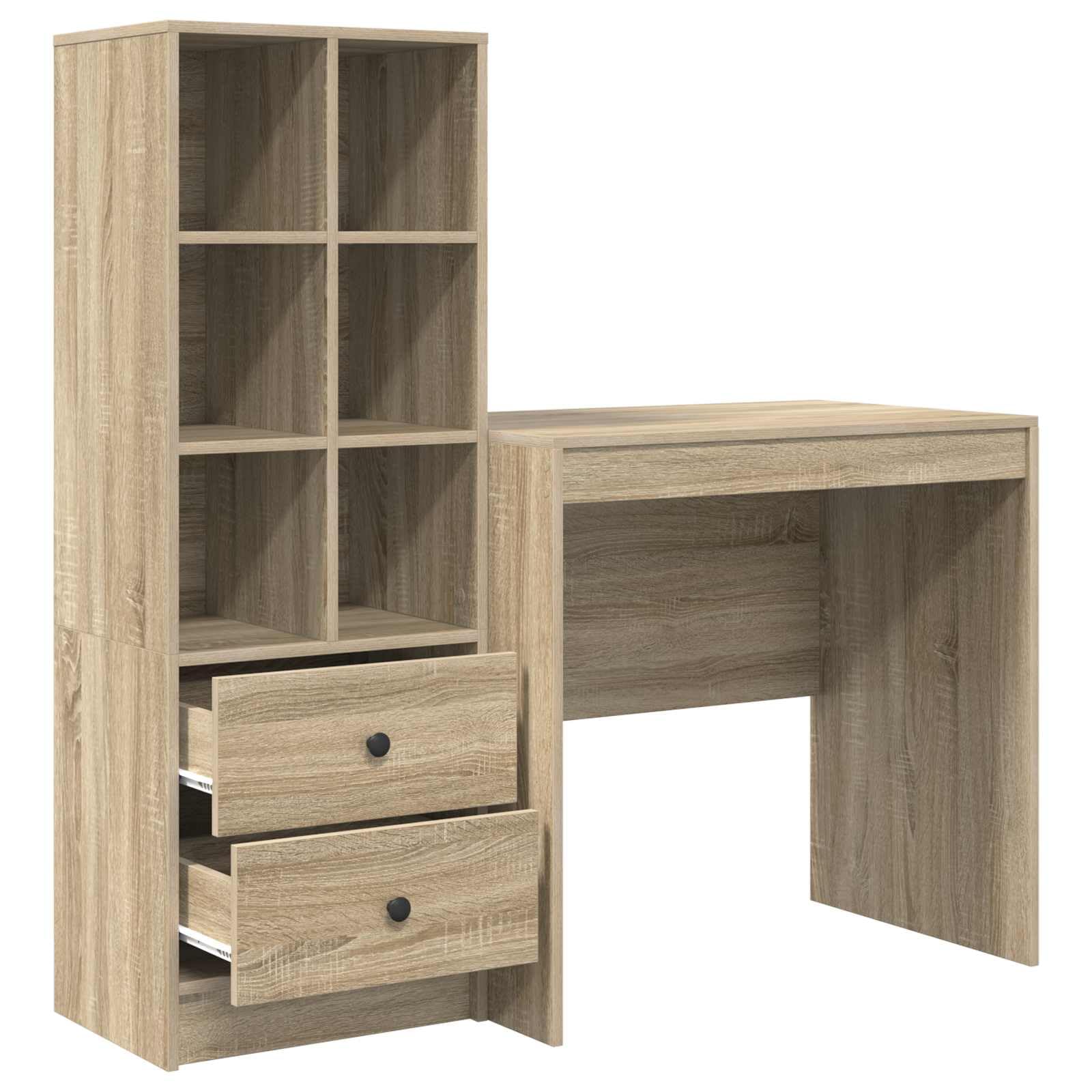 Schreibtisch mit Schubladen und Regal Sonoma-Eiche Holzwerkstoff, 125,5 x 50 x 127 cm, 2-teiliges Set, Stauraum mit Ablage und Brettregalen, ideal für Büro, Homeoffice, Arbeitszimmer