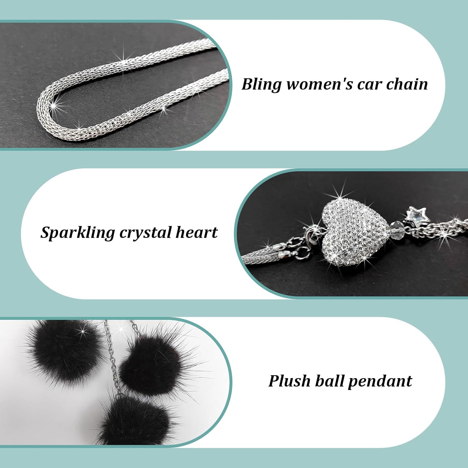 Bling Car Interior Accessories for Women & Girls - Heart & Plush Ball Decor Ornament Pendant, Hanging Decoration Charm (Black) image 3