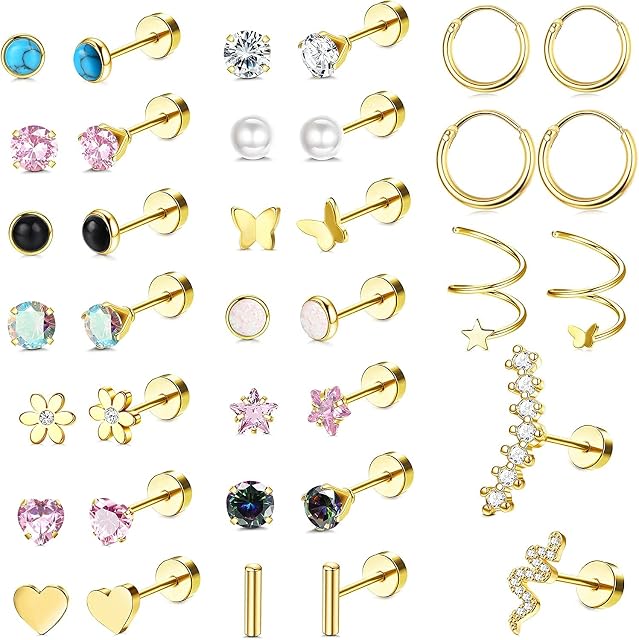 Diamday 36Pcs Stainless Steel Stud Earrings for Women Men CZ Heart Star Snake Flat Back Earrings Hypoallergenic Cartilage Earrings Stud Hoops Helix Tragus Daith Earrings Piercing Jewelry