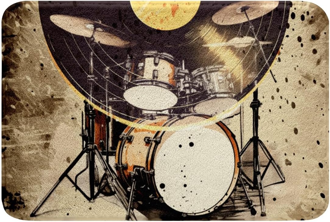 Feelyou Drum Kit Soft Fleece Door Carpet Musical Instruments Polyester Bath Rug Kids Boys Teens Classical Rock Music Non Slip Bath Mat Vinyl Record Bathroom Floor Indoor Doormat,16x24 Inch image 3