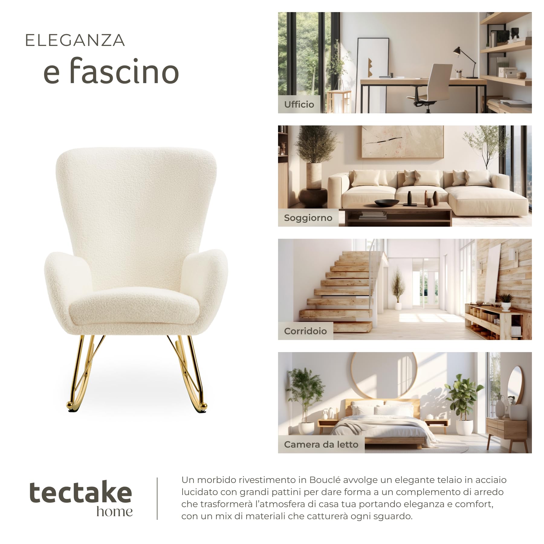 tectake® Sedia a Dondolo, Morbidissimo Velluto, Cuscino Removibile, Lavabile, Poltrona a Dondolo, Schienale e Braccioli Generosi, Telaio Robusto in Acciaio, Pattini Massicci, Antigraffio - Crema/Oro