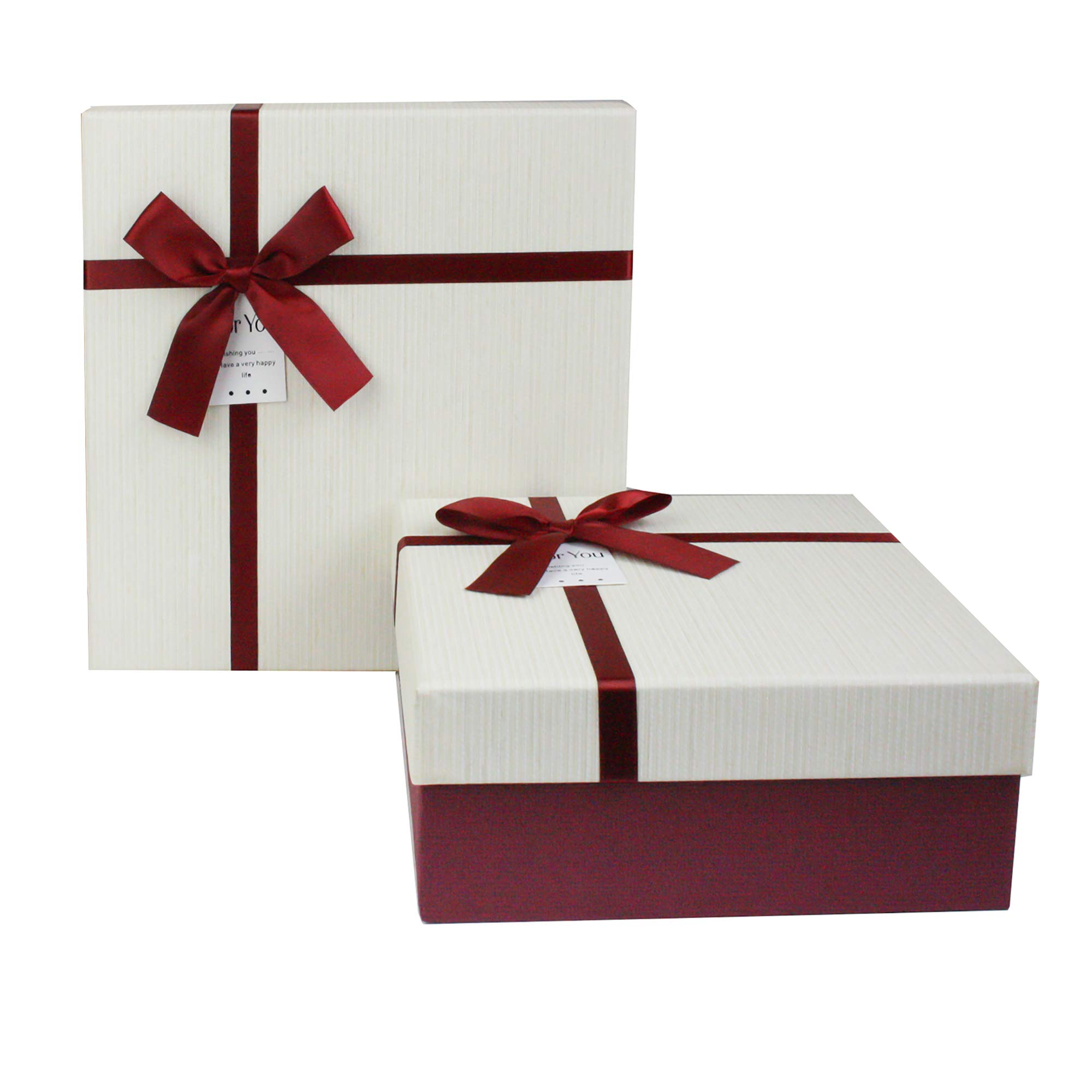 Emartbuy Set of 2 Gift Box, 26.5 x 26.5 x 11 cm, Burgundy Box with Cream Lid and Satin Ribbon