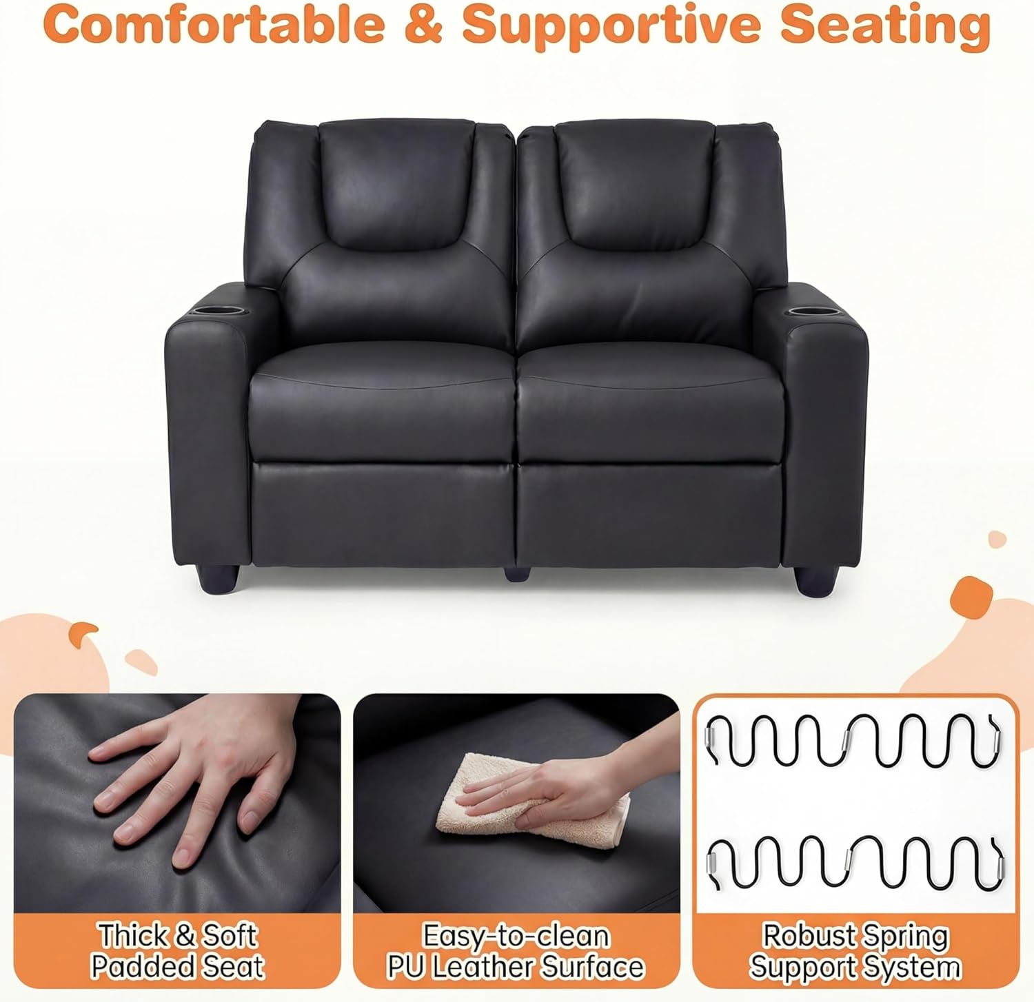 HONEY JOY 2-Seater Kids Recliner, Double Toddler Loveseat Sofa w/2 Cup Holders, 2 Side Pockets, Adjustable Backrest & Footrest, PU Leather Children Couch for Boys Girls Age 3+ (Black)