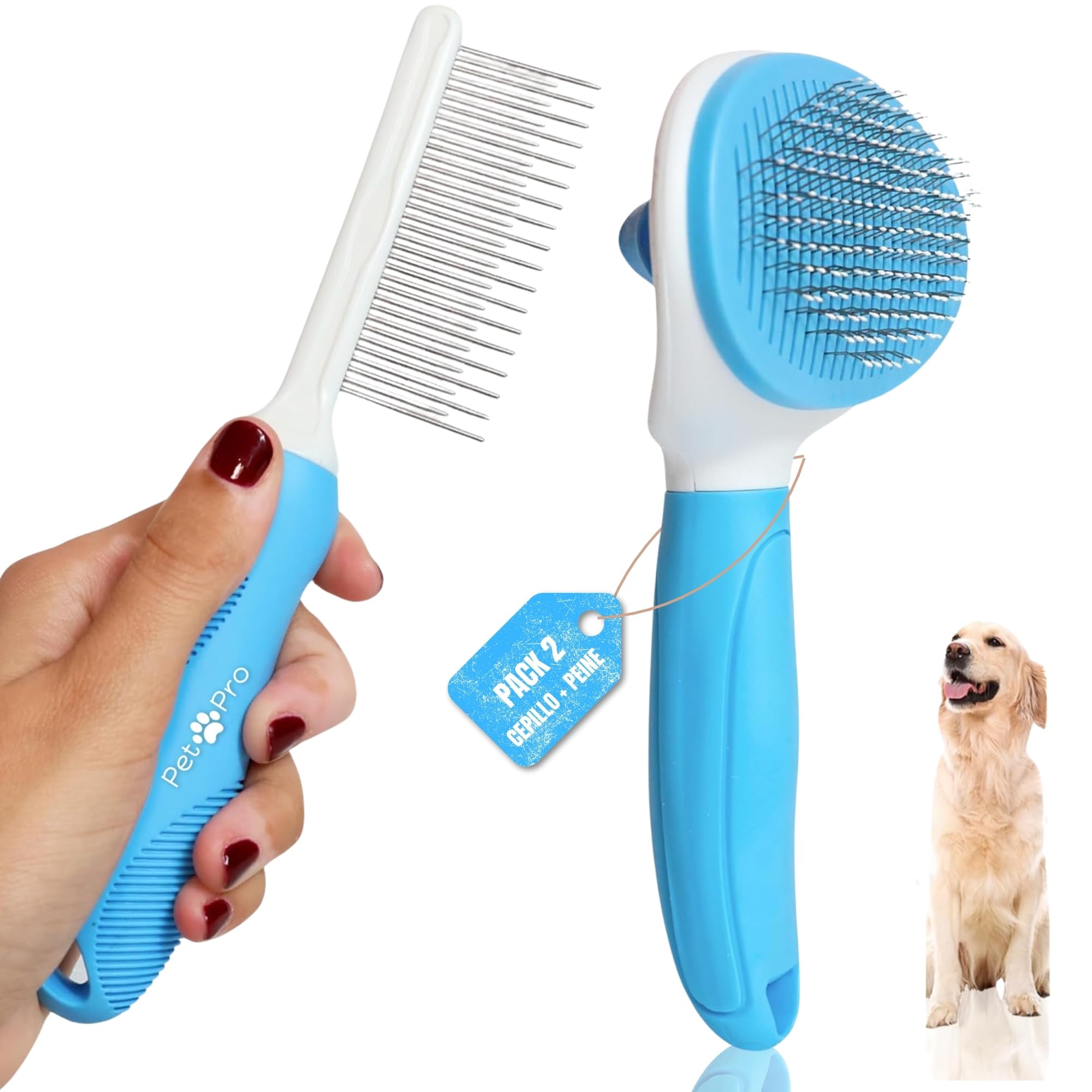 Pet Pro Kit 2 Quita pelos mascota, Cepillo para Perros/Gatos + Peine para Gatos/Perros, Kit Quitapelos mascotas Pelo largo o corto, Elimina Pelo Muerto y Peina tus mascotas(PACK Cepillo+Peine) (Azul)