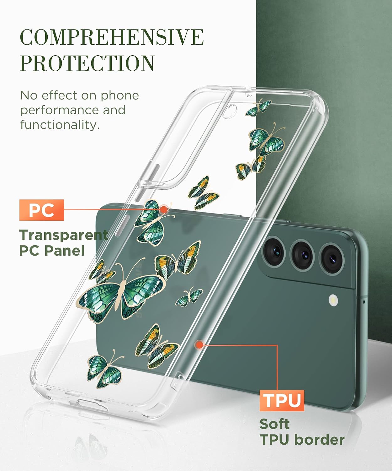 【𝟮𝟬𝟮𝟮 𝗡𝗲𝘄】GVIEWIN for Samsung Galaxy S22 Case with Screen Protector+Camera Lens Protector, Floral Slim Clear Shockproof Hard PC+Soft TPU Bumper Protective Phone Cover 6.1" (Colorful Butterfly)