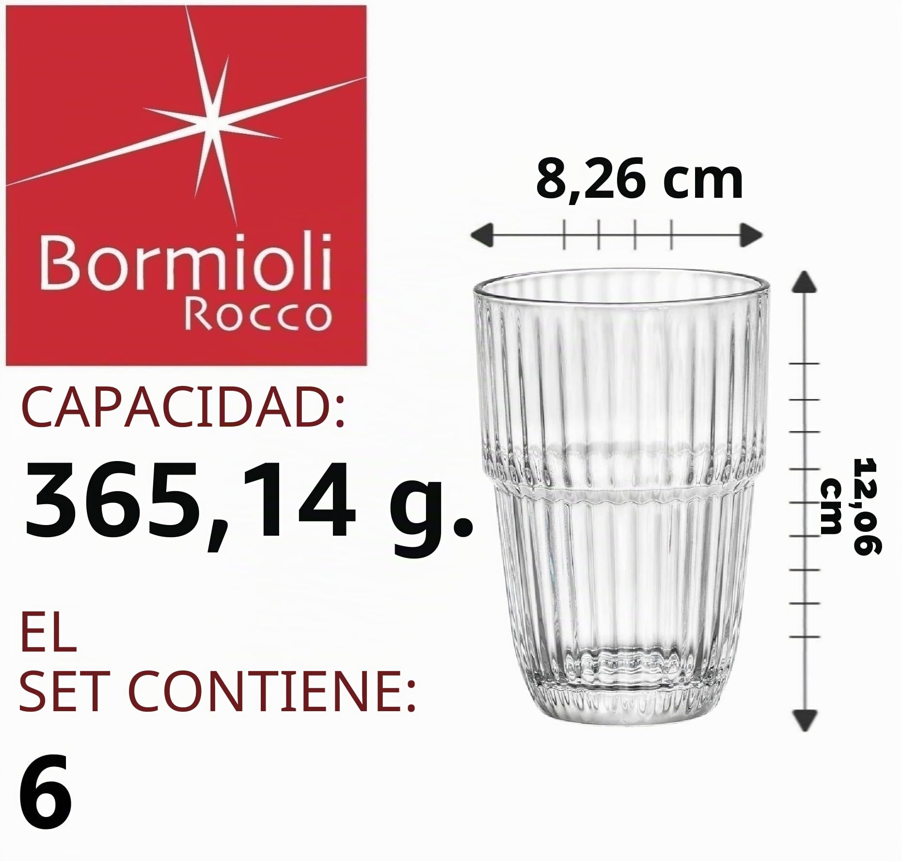Bormioli ROCCO BARSHINE Caja 6 Vasos Altos Vidrio 38Cl