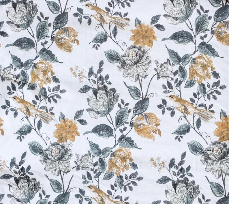 Fabric Mart Direct Mostaza, Gris, Azul Oscuro Algodón estampado Tela por Metro, 137 cm o 54 pulgadas Ancho Amarillo Algodón Tela, 20 Metros Floral Algodón Tela de tapicería para cortinas y almohadas
