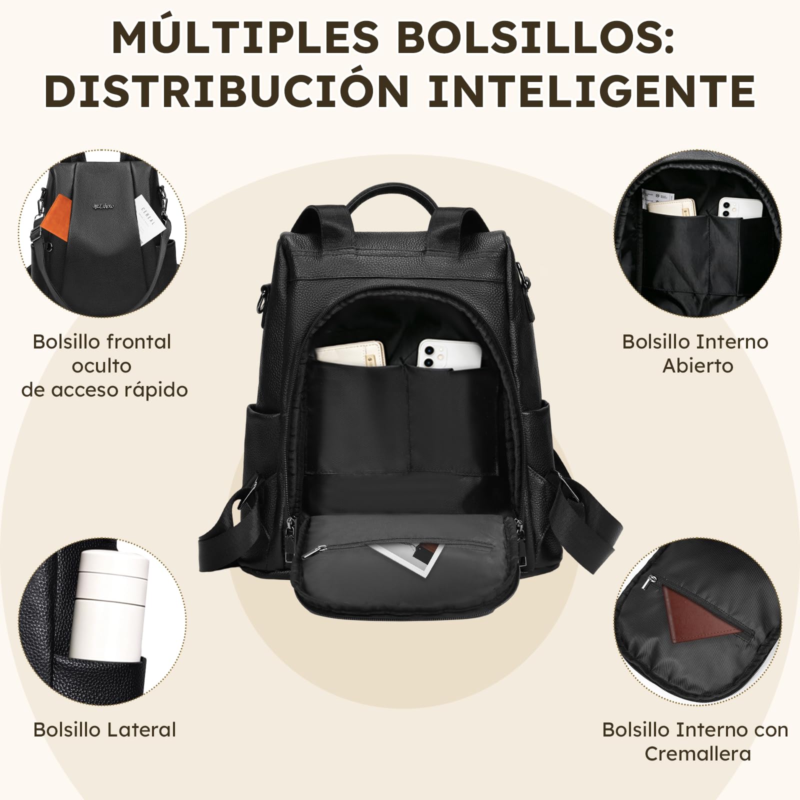 Eshow Mochila Mujer Antirrobo de Cuero Genuino para Trabajo Viaje Oficina