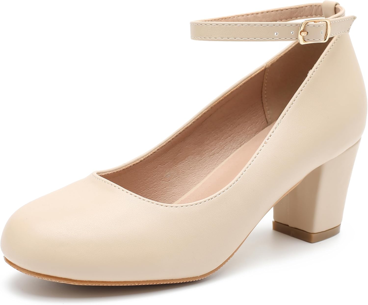 Women's Ankle Strap Pumps, Block Heel, Removable Bow, Closed Round Toe