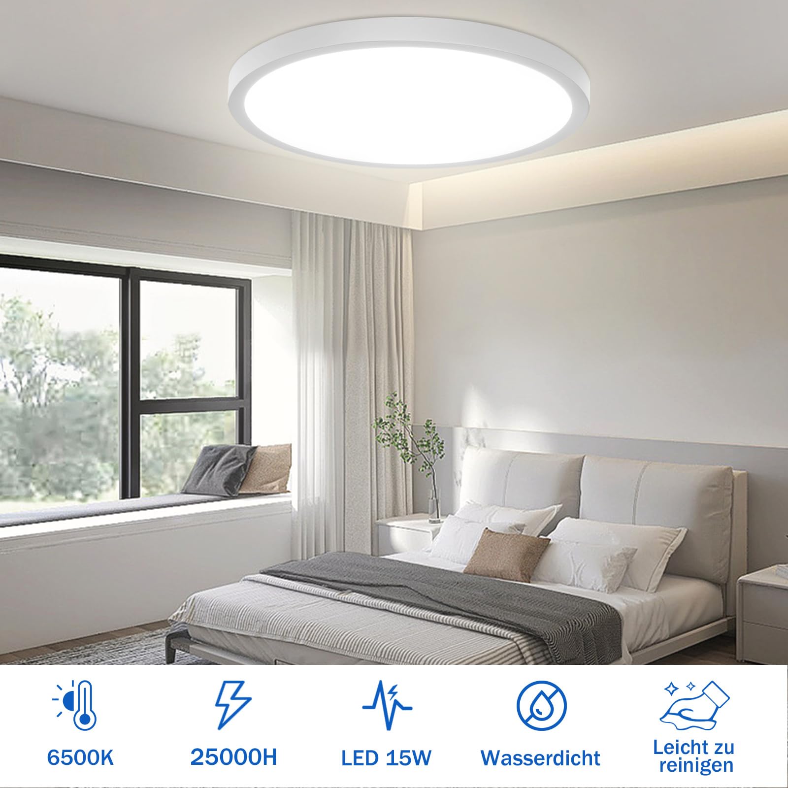 Glitzerlife Round LED Ceiling Light 15 W – Diameter 22 cm Bathroom