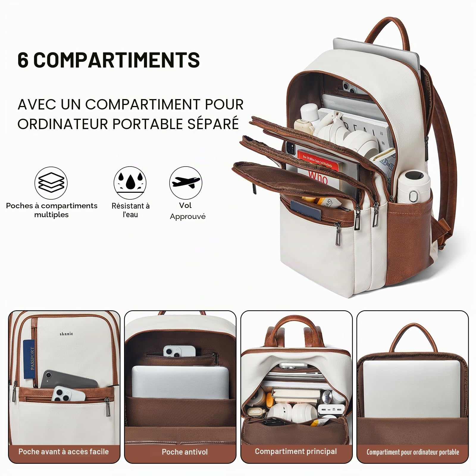 Shrrie Sac à dos en cuir pour ordinateur portable 17 pouces pour femme, grand sac à dos de voyage avec compartiment pour ordinateur portable pour décontracté utilisation ou travail, Beige et Marron