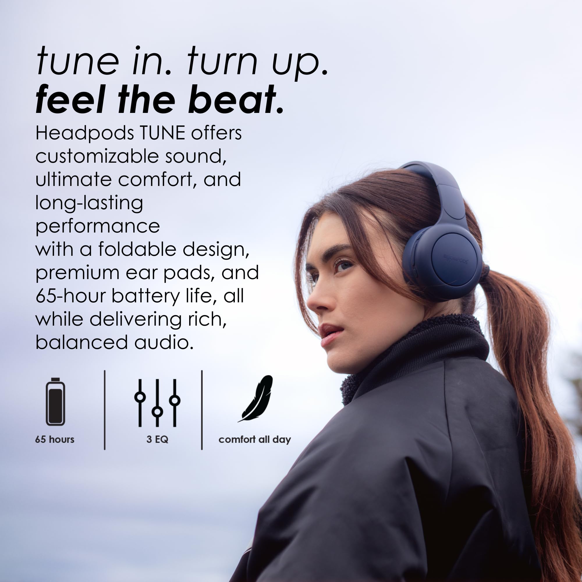Boompods Headpods Tune Over Ear Headphones - Składane słuchawki nauszne Bluetooth, lekki bezprzewodowy zestaw słuchawkowy z wbudowanym mikrofonem, 65 godzin bezprzewodowej odtwarzania, komfort z