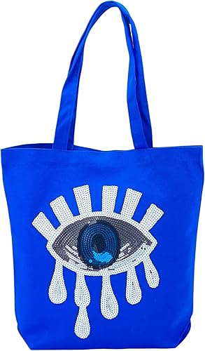 Miniatura 1 de Evil Eye Black Canvas Tote Bag Eco-Friendly Beach Bag Women Summer Bag (Royal Blue White)