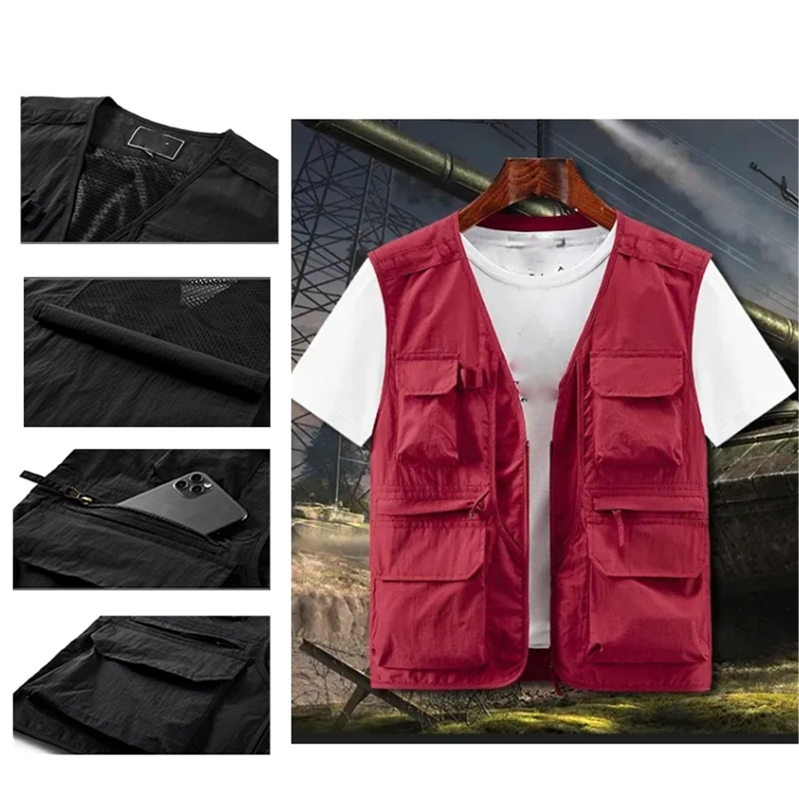 CLSQLXYJZC Gilet Da Pesca Estivo Uomo, Gilet Cargo Multitasche In Rete Traspirante Con Cerniera Senza Maniche E Leggero Da Uomo, Campeggio Antivento E Impermeabile Con Cerniera, Per Safari