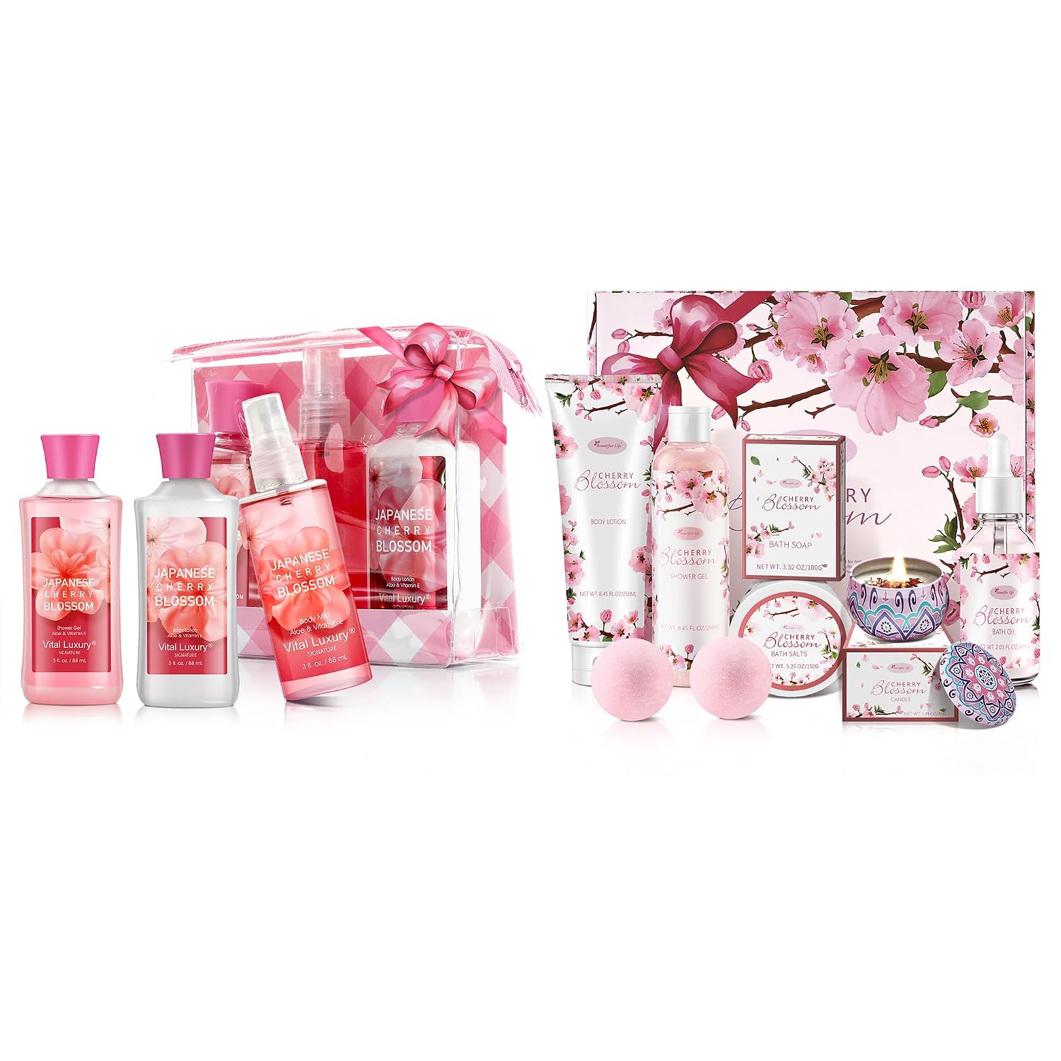 Luxurious Japanese Cherry Blossom Bath and Body Care Set - 3PCS Travel Kit + 7PCS Home Spa Gift Set for Women with Shower Gel, Body Lotion, Fragrance Mist, Bath Oil and More | Perfect Birthday Christm