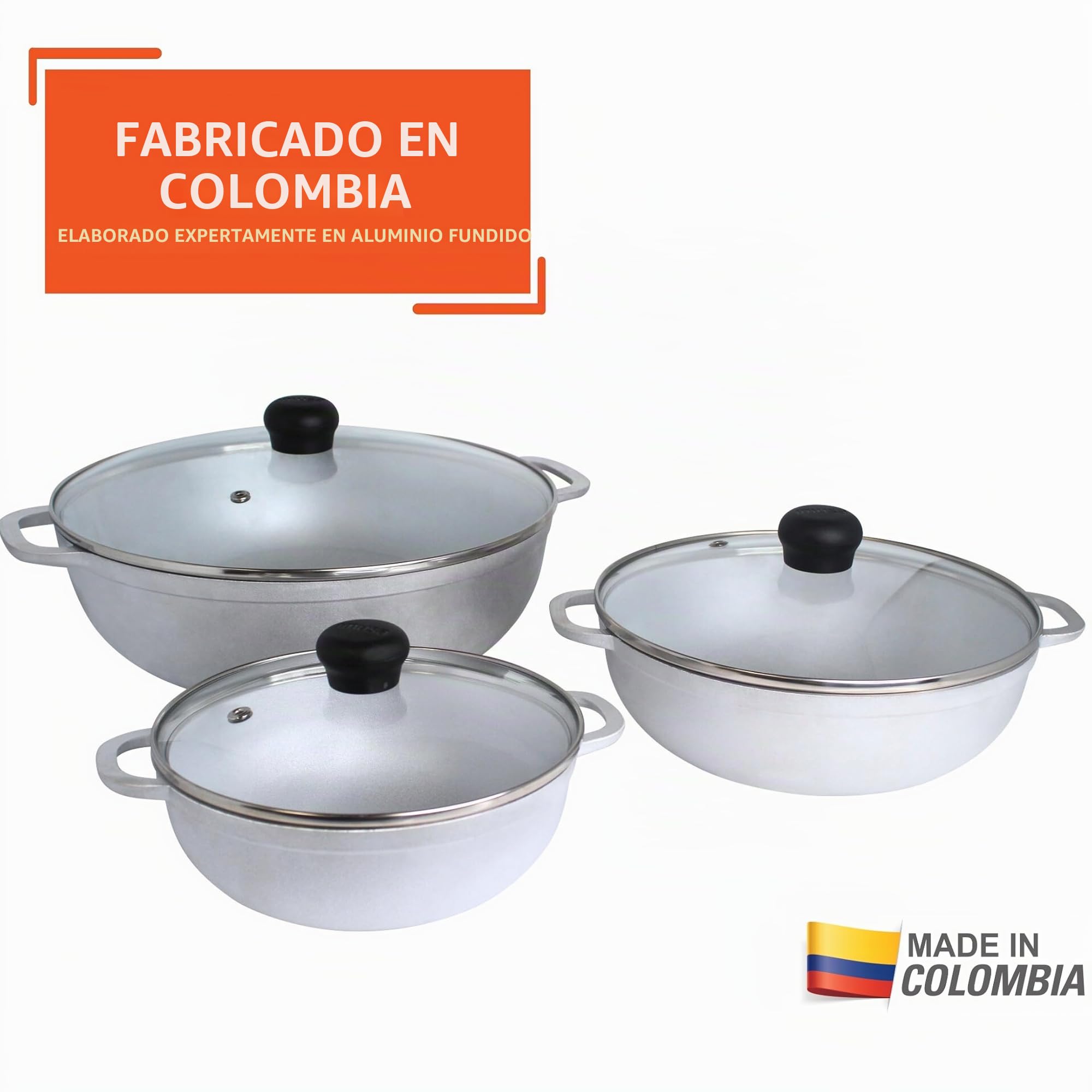 IMUSA Juego Caldero de 3 piezas con tapa de vidrio templado de 1.5/2.5/5.2 cuartos de galón, aluminio, plateado