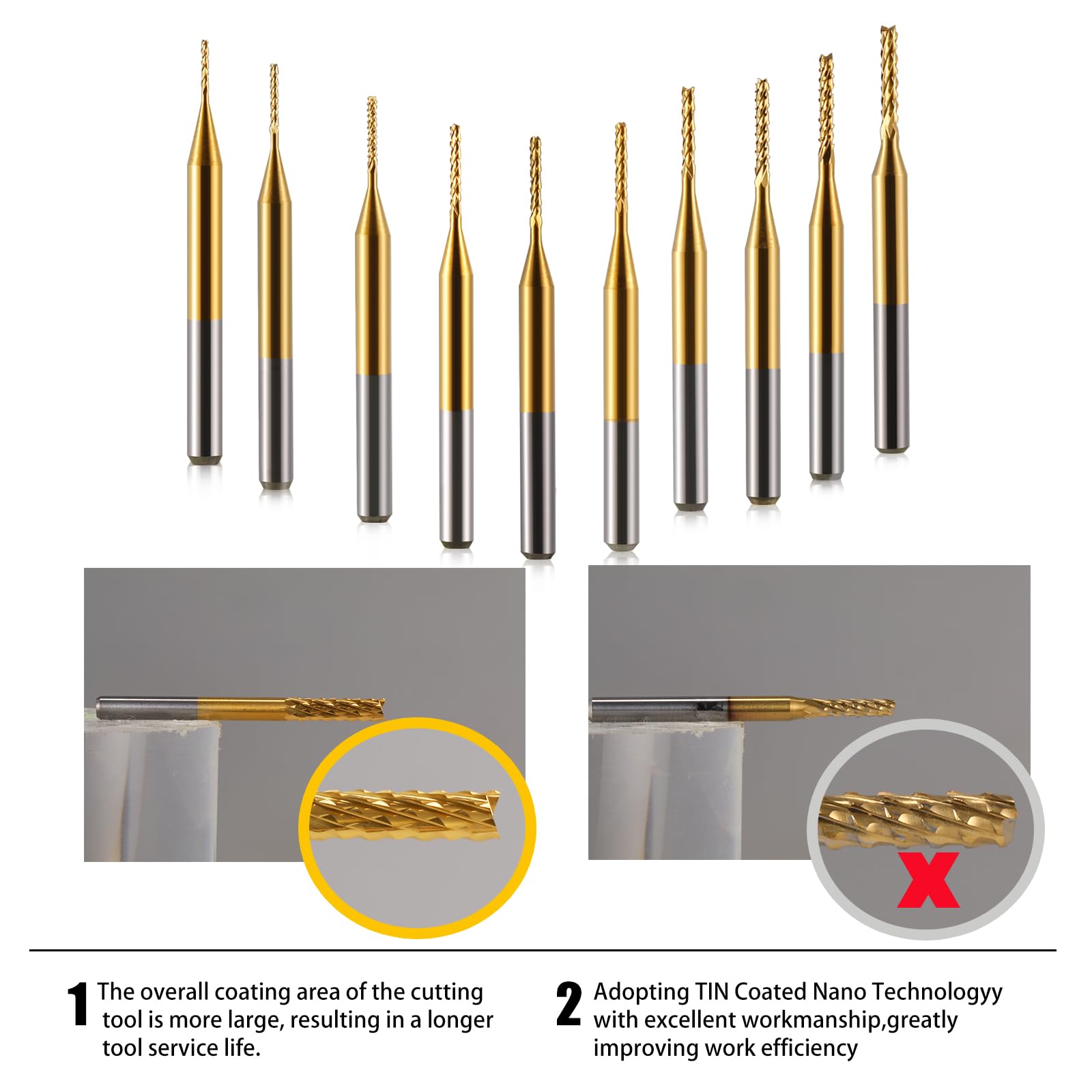 10 Stücke Hartmetall Schaftfräser, 1/8 Schaft Titan Coat CNC Fräser Stückchen Fräser Schnitzsatz, Stirnfräser Drehgrat Werkzeug Gravur Bits für PCB/SMT/Hartholz/Leiterplatte/Faser, 0,6-1,5mm
