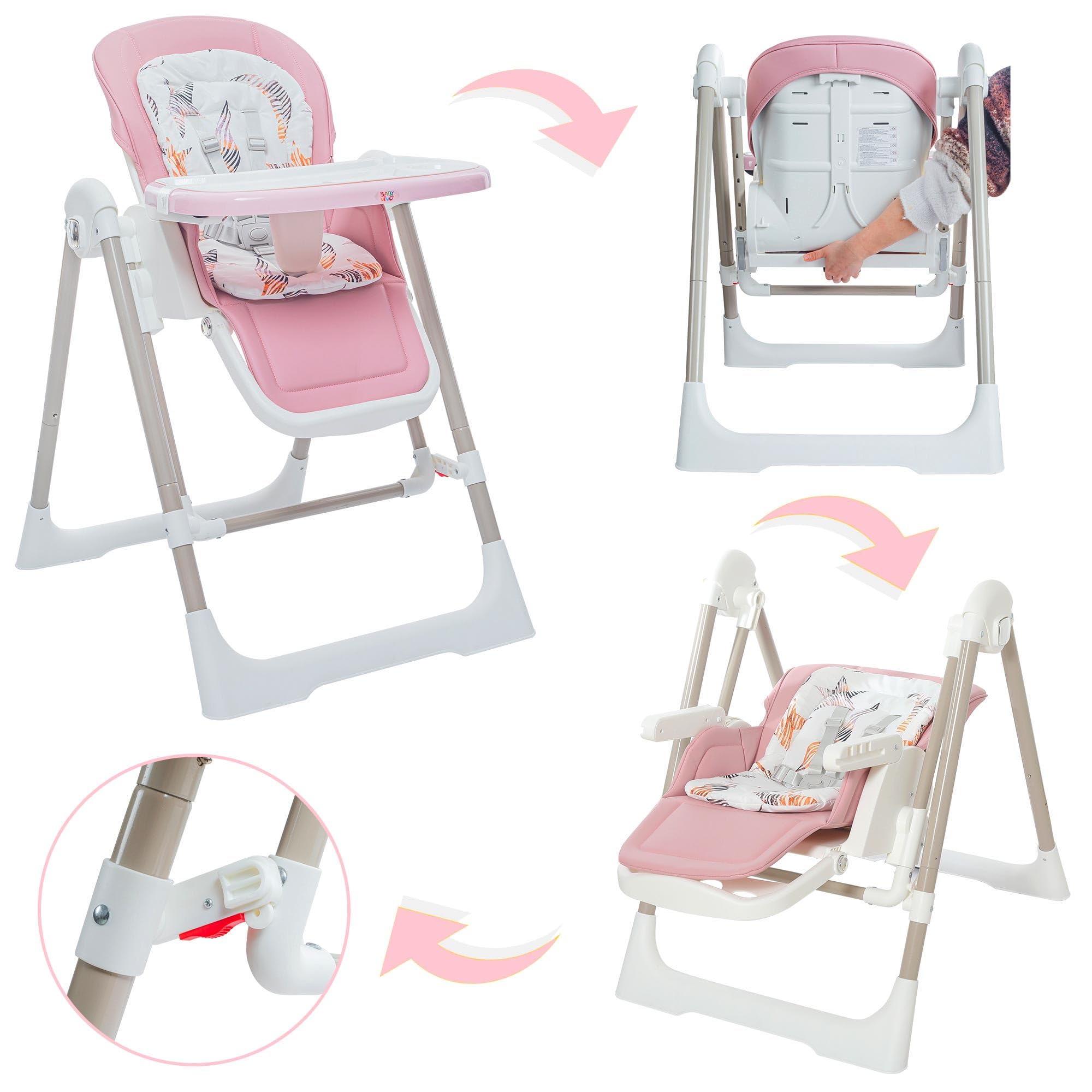 Baby Vivo Chaise Haute pour Enfants 3in1 Transat Réglable avec Repose-Pieds - Chaise Haute Bébé Combinée Chaise Balançoire Dossier Réglable Plateau Amovible - Lulu en Rose