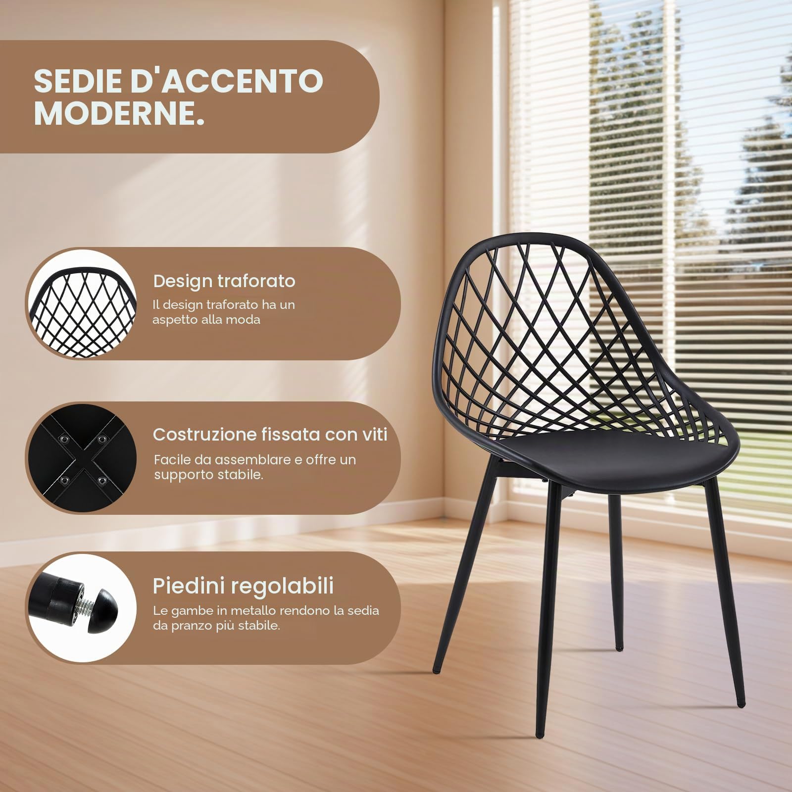buybyroom Set di 4 poltrone, sedie da soggiorno, sedia piccola, realizzata in polipropilene e metallo, può sostenere un peso di 120 kg, colore nero