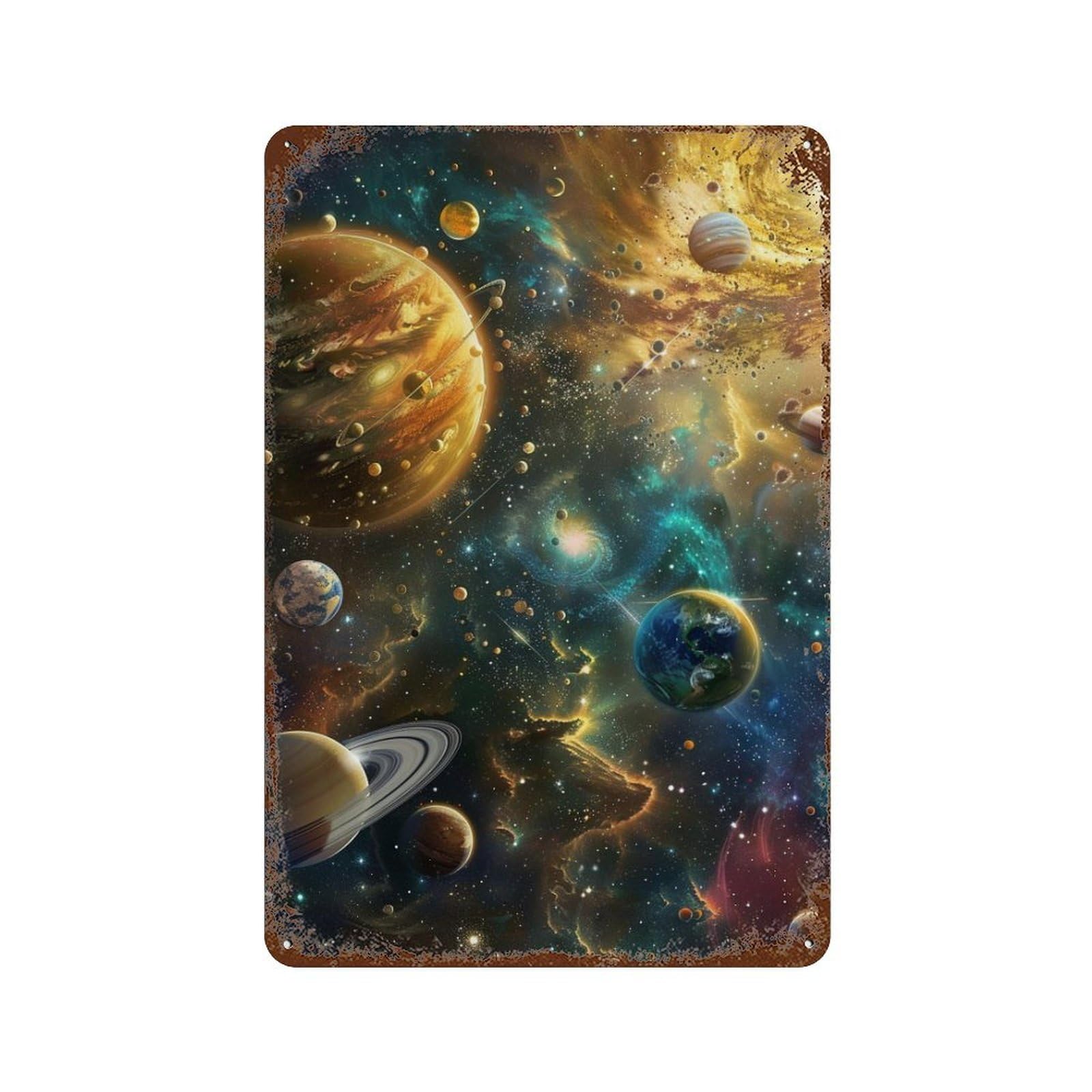 Rust Effect Cosmic Planets in Space-2 Aged Metal Wall Plaque 11.8"x7.9", Shabby Chic Decor for Living Room, Hallway And Home Decor