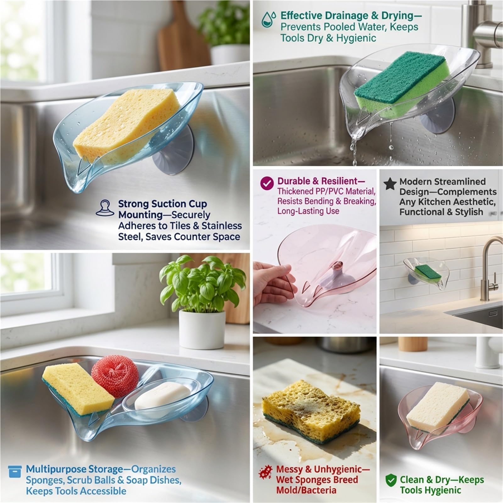 Porte-éponge pratique rose à ventouse et plateau égouttoir pour évier de cuisine – Plateau robuste et peu encombrant pour un nettoyage facile