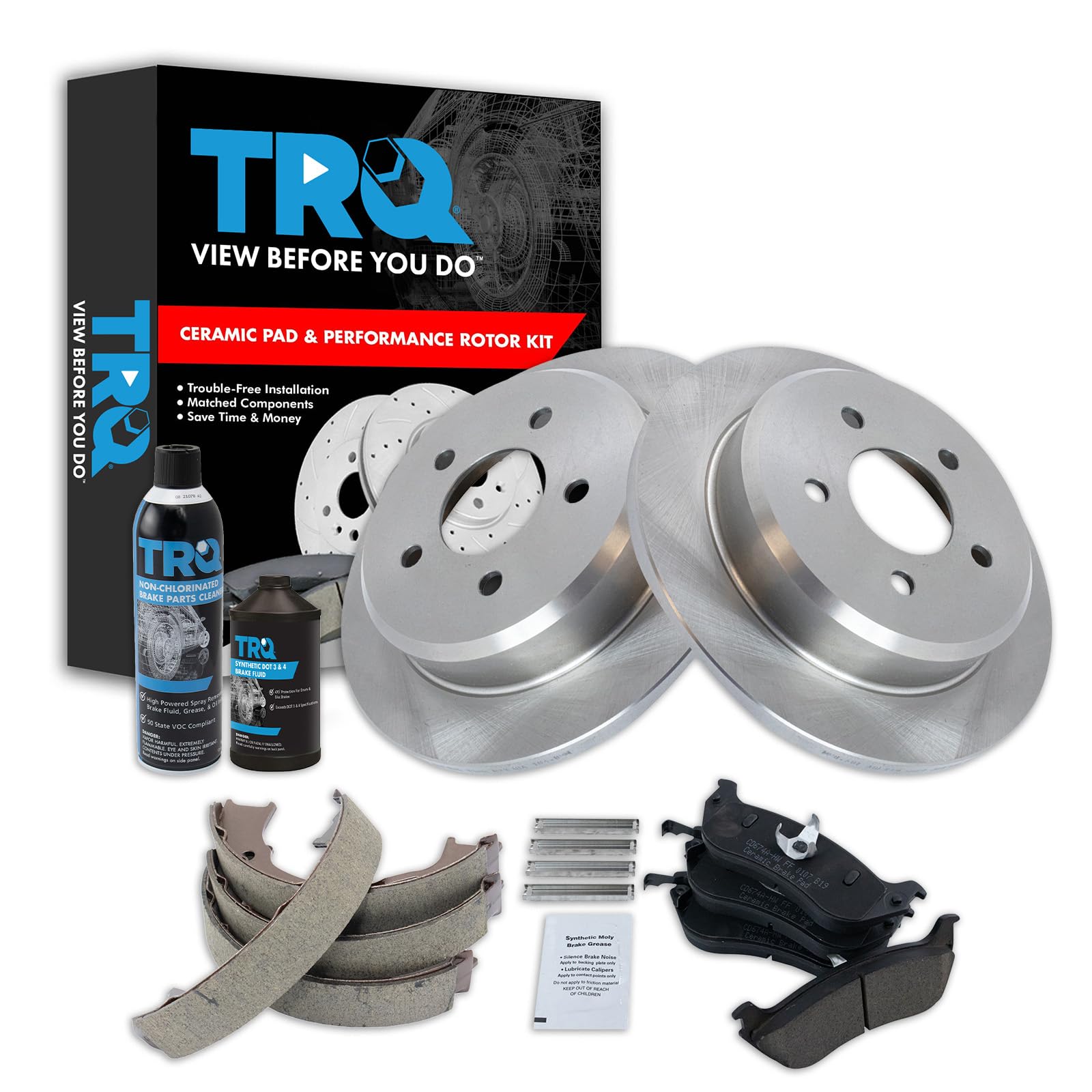 TRQ Rear Brake Pad &amp; Rotor Kit, with Chemical Kit Parking Brake Shoe Set Ceramic Compatible with 1996-2002 Ford Crown Victoria Lincoln Town Car Mercury Grand Marquis