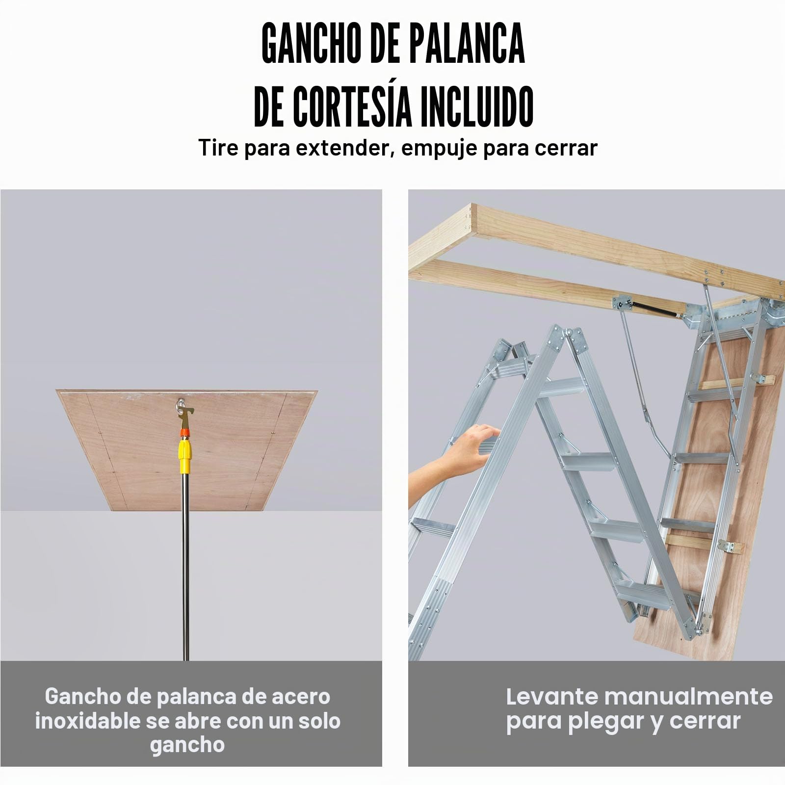 VEVOR Escalera Telescópica Plegable de Aluminio para Ático 570 x 1600 mm Capacidad de Carga de 158,8 kg Extensión Multiusos Ligera y Portátil Altura de Instalación 9,5'-12' para Ático, Oficina, Hogar