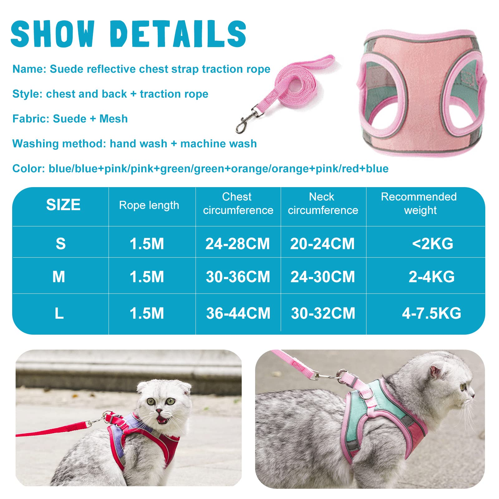 PETCUTE Traspirante Pettorina Gatto con Guinzaglio,Pettorina per Gatti Antifuga,Regolabile e Leggera,Imbracatura per Gatti Antifuga con Rete Traspirante e Strisce Riflettenti,Passeggiate all'aperto