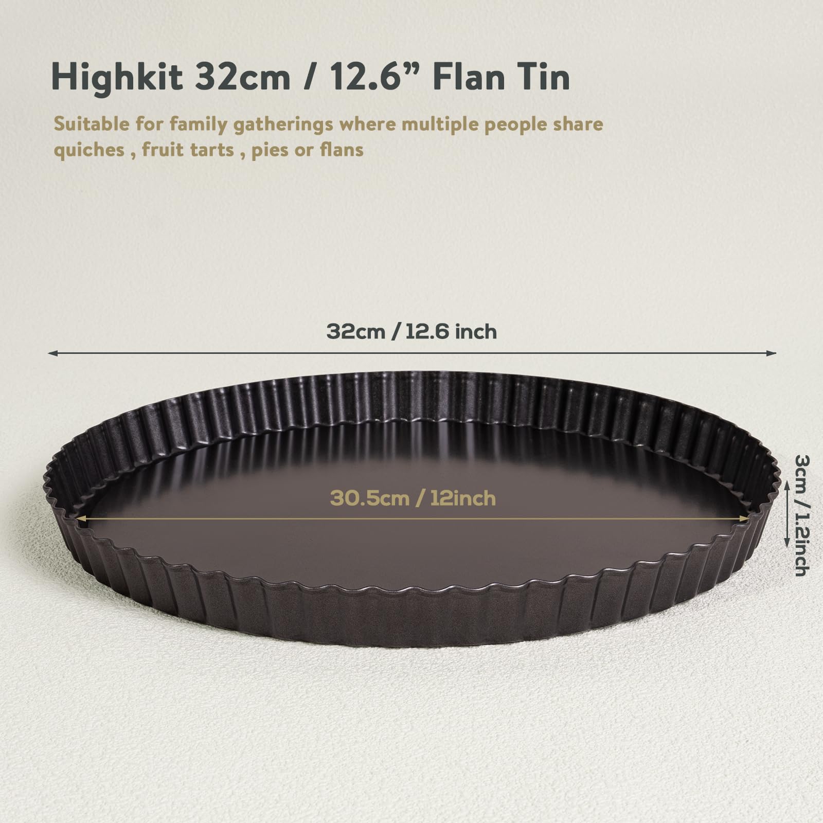 Teglia Rotonda per Torte con Fondo Scanalato, 32 cm, per Quiche con Base Allentata, Antiaderente, per Crostate di Cottura, Quiche, Tortiera, Quiche, Acciaio al Carbonio, Grigio Scuro