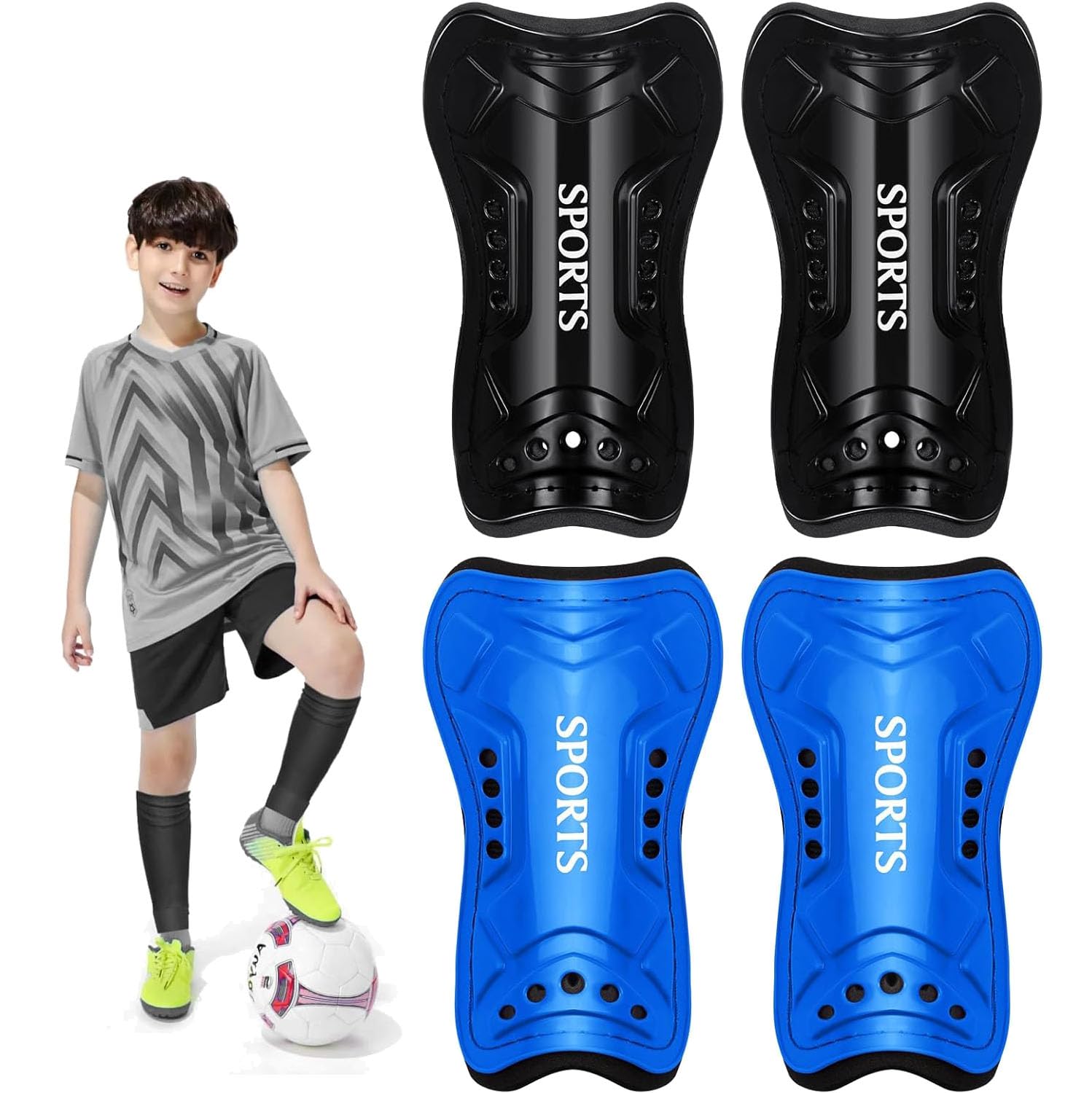 2 pares de espinilleras de fútbol para niños pequeños y jóvenes, espinilleras de fútbol con doble correa ajustable para adolescentes de 3 a 14 años, equipo de protección ligero para pantorrillas para