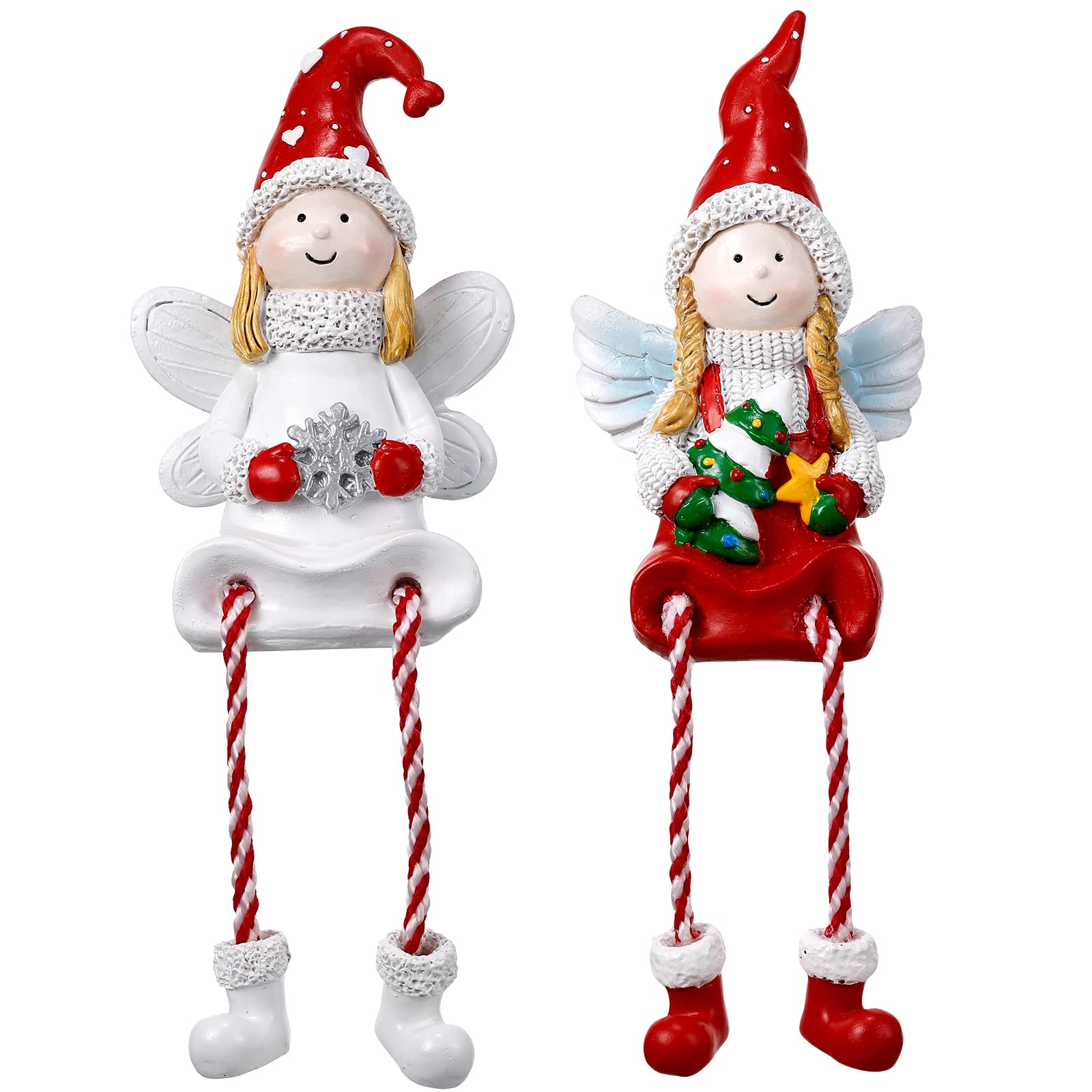 Chunful 2 Pieces Figurine Shelf Sitters with Dangling Legs Resin Scarecrow Angel Gnome Figurine Christmas Fall Autumn Thanksgiving for Tabletop Centerpieces Home Decor Sill Kitchen(Christmas Angel)