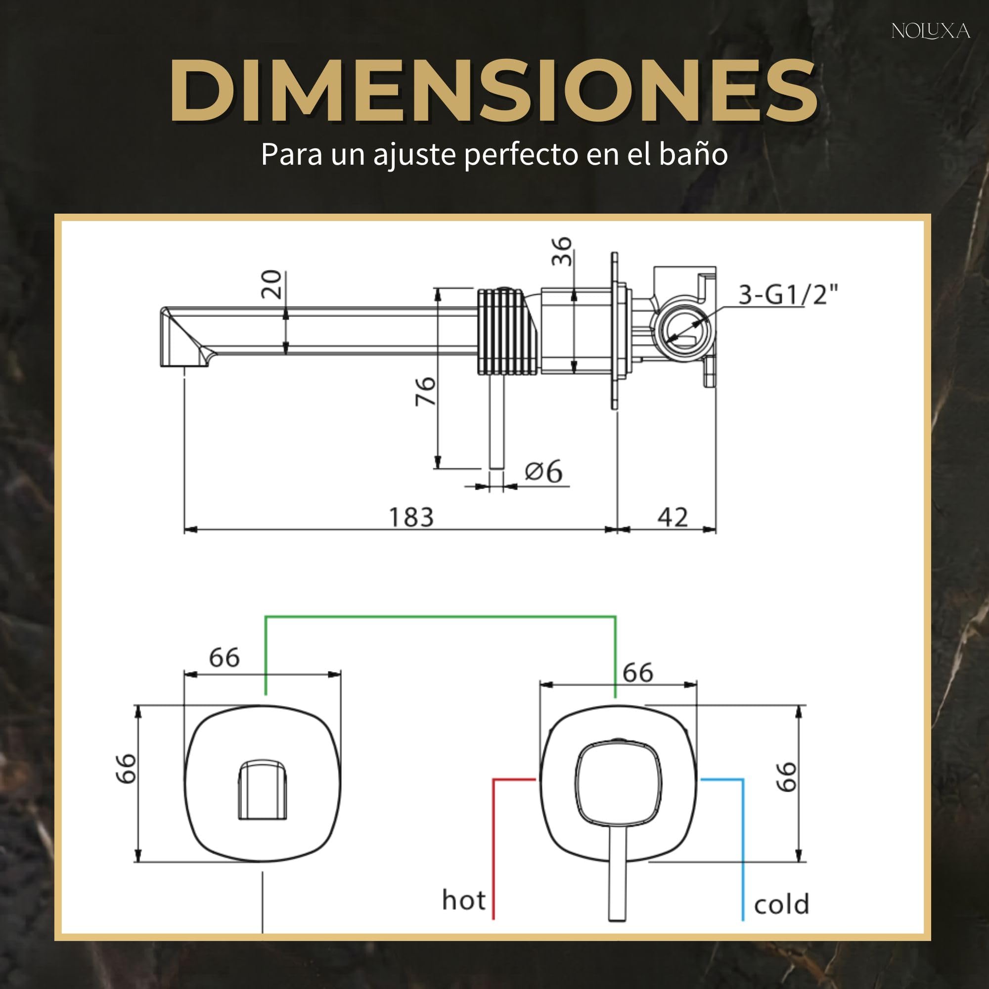 IMEX - Grifo Lavabo Empotrado Oro Cepillado | Grifo de Lavabo Monomando Pared Dorado | Mezclador Agua Fría y Caliente | Grifería en Latón con Cartucho Cerámico Ø35mm | Serie Firenze