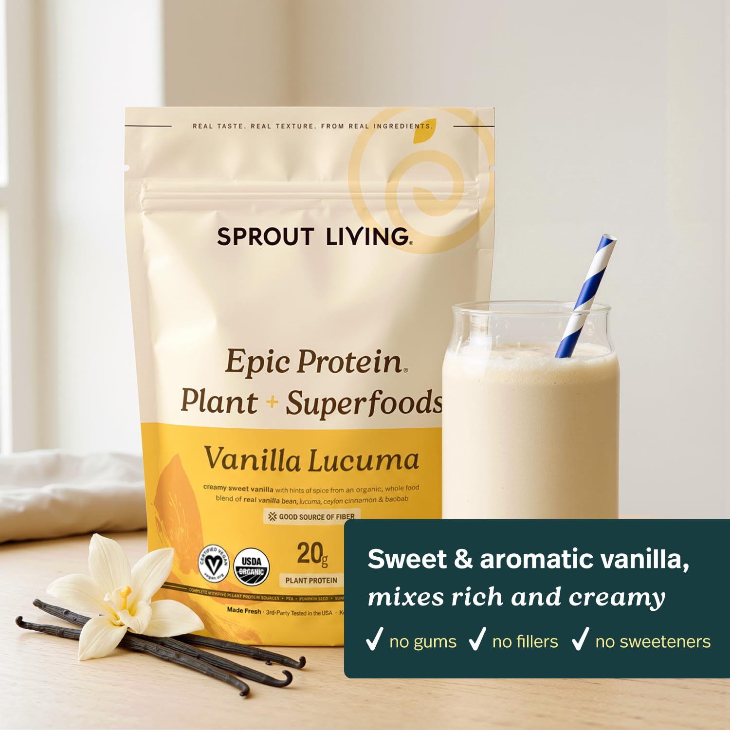 Sprout Living Epic Protein, Plant Based Protein & Superfoods Powder, Vanilla Lucuma Powder | 20 Grams Organic Protein Powder, Vegan, Non Dairy, Non-GMO, Gluten Free, Low Sugar (1 Pound, 12 Servings) — Amazon image 5