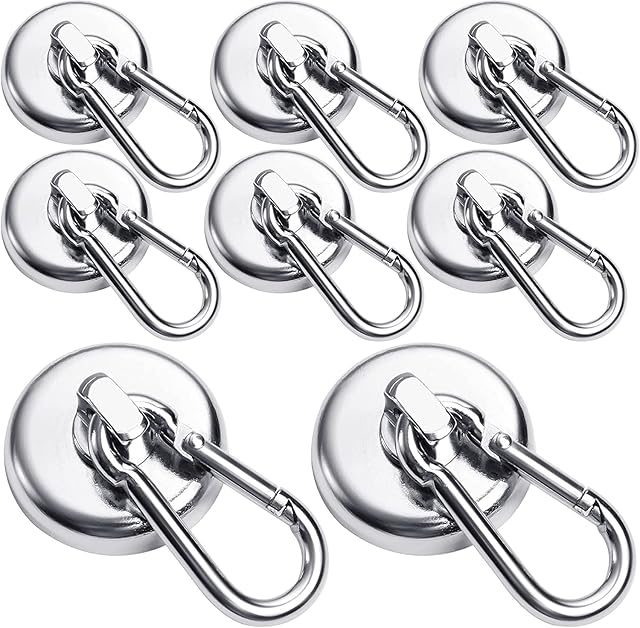 8 Pack Magnetic Hooks, 100 LBS Strong Neodymium Magnet Hooks Heavy Duty, Magnetic Hooks Heavy Duty with Swiveling Carabiner, Magnet with Hook Hanging for Fridge, Kitchen, Locker, BBQ grill - Dia 32 MM