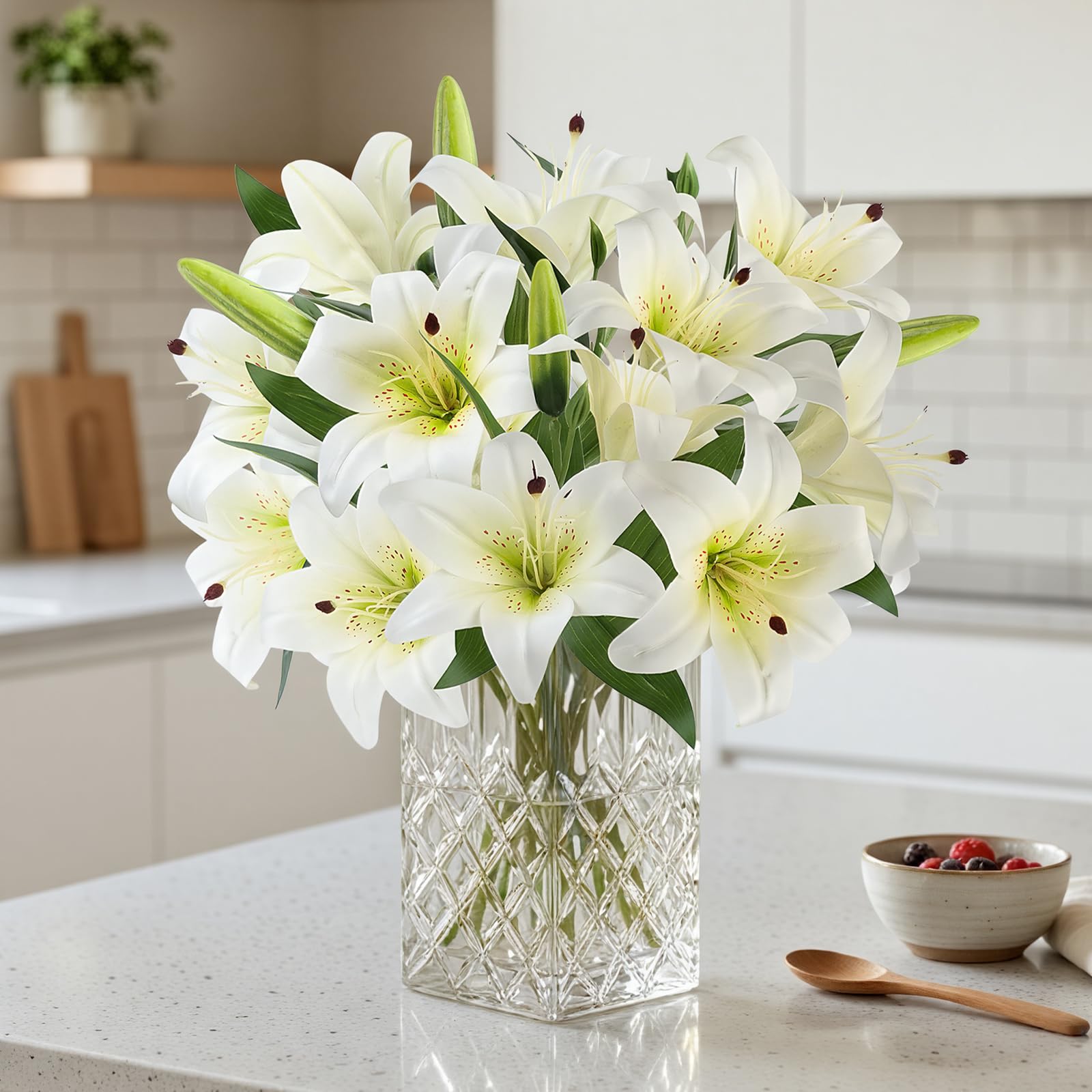 TYL&TYS 6PCS Artificial Lilies Flower Set, 3D Printing Realistic Fake Lilies with 12 Heads and 6 Buds - Image 2