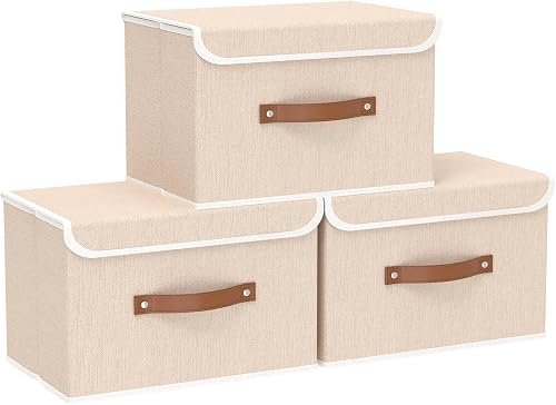 Yawinhe Collapsible Storage Boxes with Lids,38x25x25cm,Beige,3-Pack