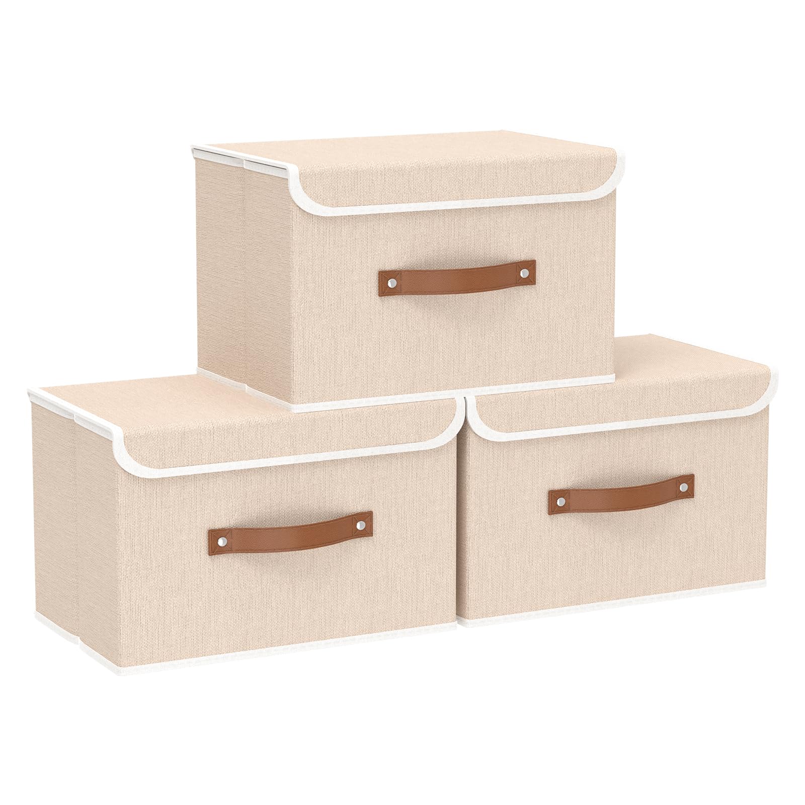 Yawinhe 3 Stück Aufbewahrungsboxen mit Deckel,38x25x25cm,Beige