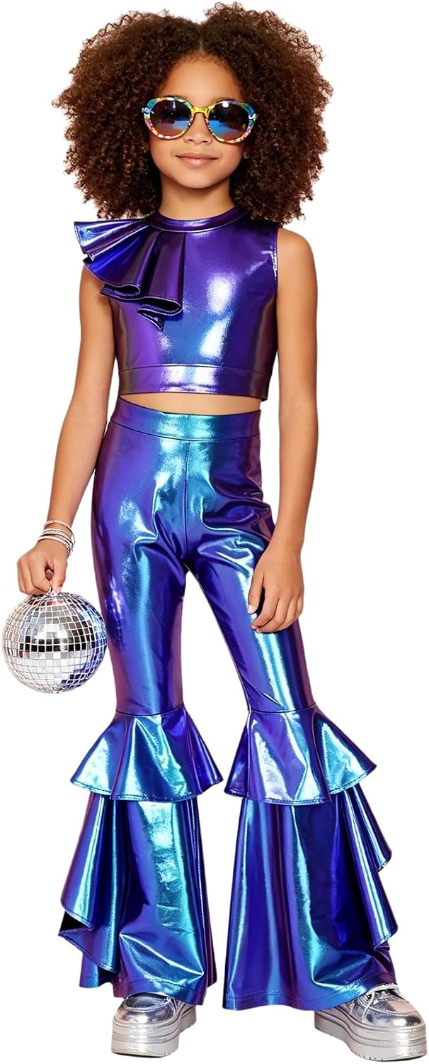 Girls Disco Themed Dance Party Outfit Metallic Back Zipper Crop Top and Flared Pants for Stage Performance