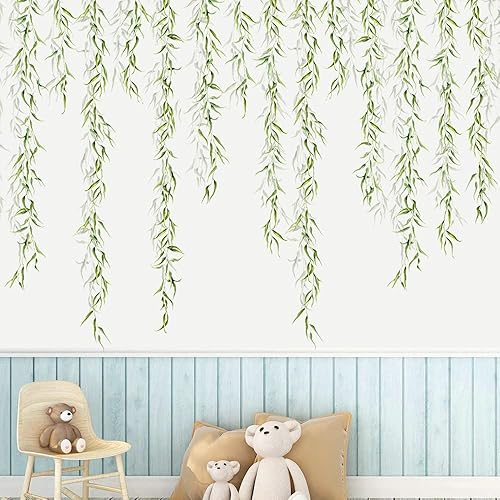 Miniatura 8 de 4 hojas colgantes de hojas de sauce, calcomanías de pared de mimbre con plantas verdes, calcomanías de pared de mimbre removibles realistas para