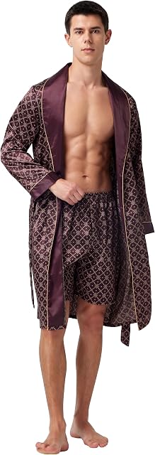 Tony & Candice Robe satinée manches longues en soie Kimono Peignoir avec short Set Sleepwear pour homme