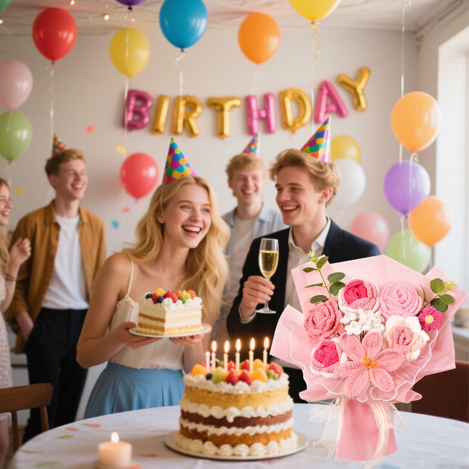 Crochet Flowers Bouquet, Crochet Rose Tulip Knitted Flower for Mother's Day, Valentine's Day, Anniversary, Wedding, Birthday, Home Décor, Gifts for Mom, Lovers, Friends, Pink - Image 8