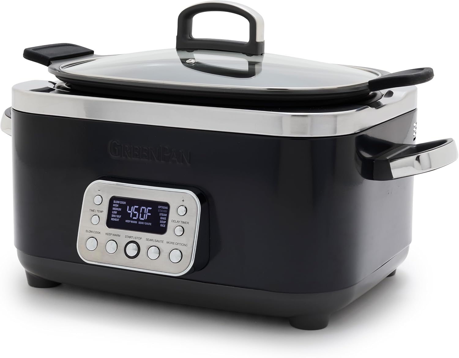 GreenPan Elite 14-in-1 Nonstick 6QT Electric Slow Cooker, PFAS-Free Ceramic Multi-Cooker, In-Pot Browning, Dishwasher Safe Lid & Removable Crock, Stainless Steel Steamer, Silicone Handles, Black